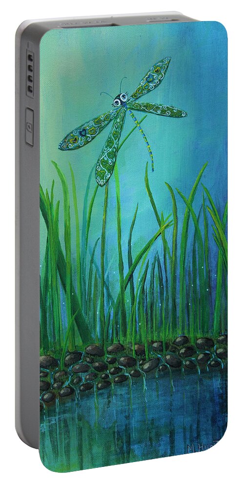Dragon Fly Portable Battery Charger featuring the painting Dragonfly at the Bay by Mindy Huntress