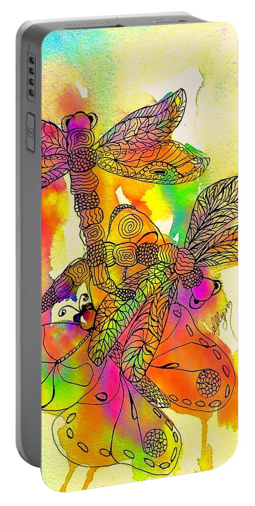 Dragonflies Portable Battery Charger featuring the painting Dragonflies and Butterfly Psychedelic by Ellen Levinson