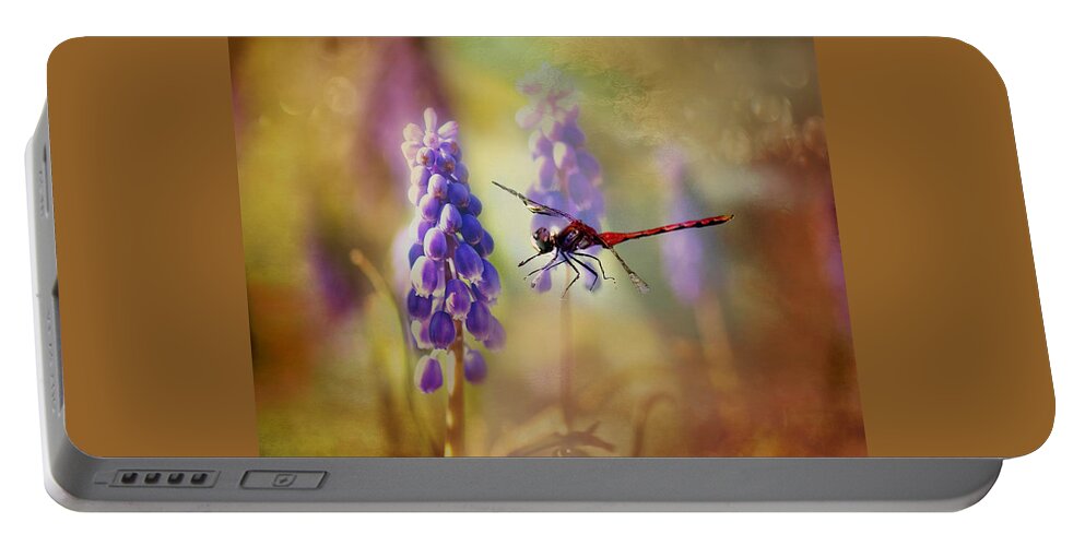 Dragonfly Photo Portable Battery Charger featuring the photograph Dragonfly thru the Hyacinths Print by Gwen Gibson