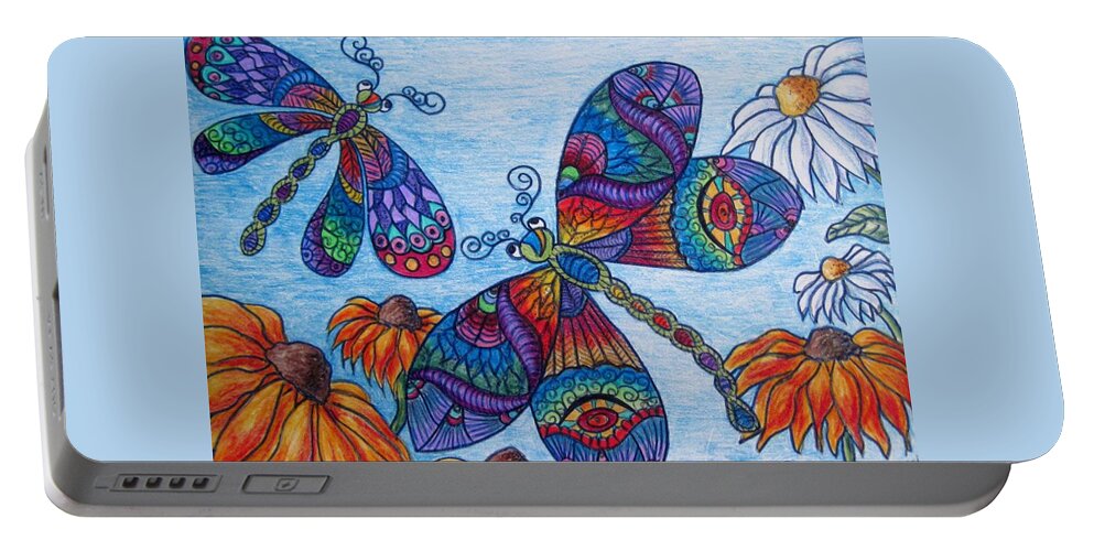 Dragonflies Portable Battery Charger featuring the drawing Dragons on the wing by Megan Walsh