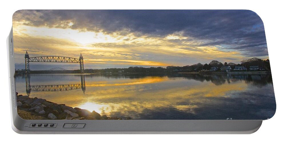 Train Bridge Portable Battery Charger featuring the photograph Dramatic Cape Cod Canal Sunrise by Amazing Jules