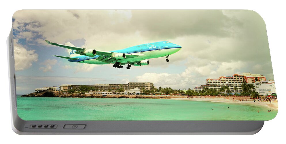Boeing 747 With Four Engines Portable Battery Charger featuring the photograph Dramatic Landing at St Maarten by Nick Mares