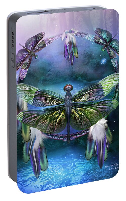 Carol Cavalaris Portable Battery Charger featuring the mixed media Dream Catcher - Spirit Of The Dragonfly by Carol Cavalaris