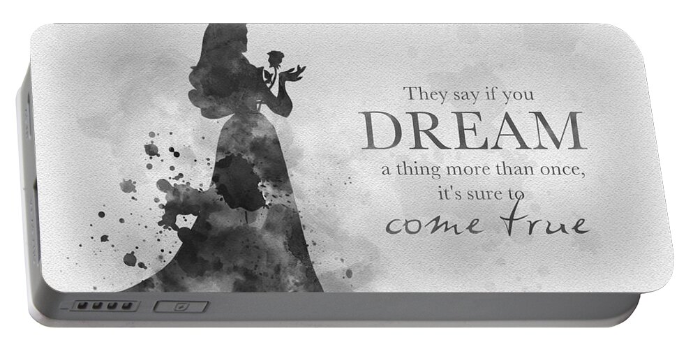 Sleeping Beauty Portable Battery Charger featuring the mixed media Dreams can come true Black and White by My Inspiration