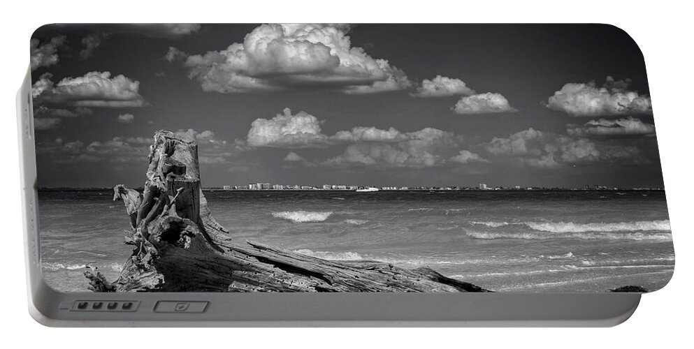 Sanibel Island Portable Battery Charger featuring the photograph Driftwood and Fort Myers in Black and White by Greg and Chrystal Mimbs
