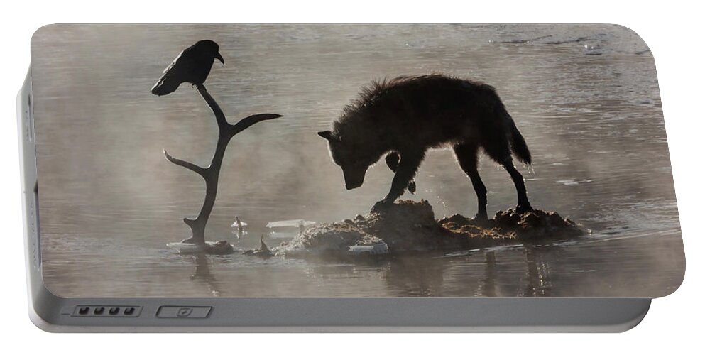 Mark Miller Photos Portable Battery Charger featuring the photograph Druid Wolf and Raven Silhouette by Mark Miller