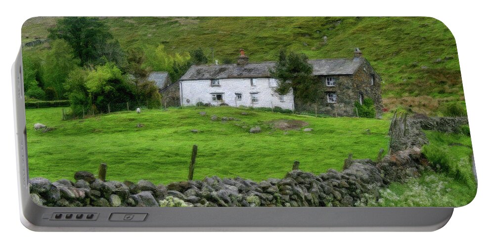 Landscape Portable Battery Charger featuring the painting Dry Stone Wall and White Cottage - DWP416022 by Dean Wittle