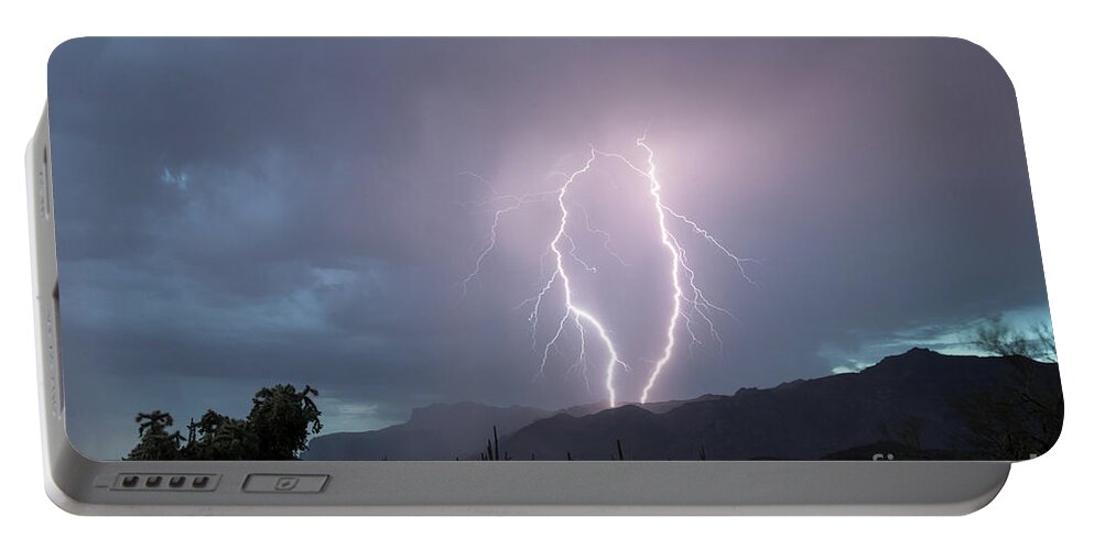 Lightning Portable Battery Charger featuring the photograph Dual Lightning Strike Superstition Mountains by Joanne West