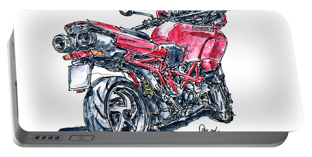 Motorbike Portable Battery Charger featuring the drawing Ducati Multistrada 1000 DS Motorbike Ink Drawing and Watercolor by Frank Ramspott