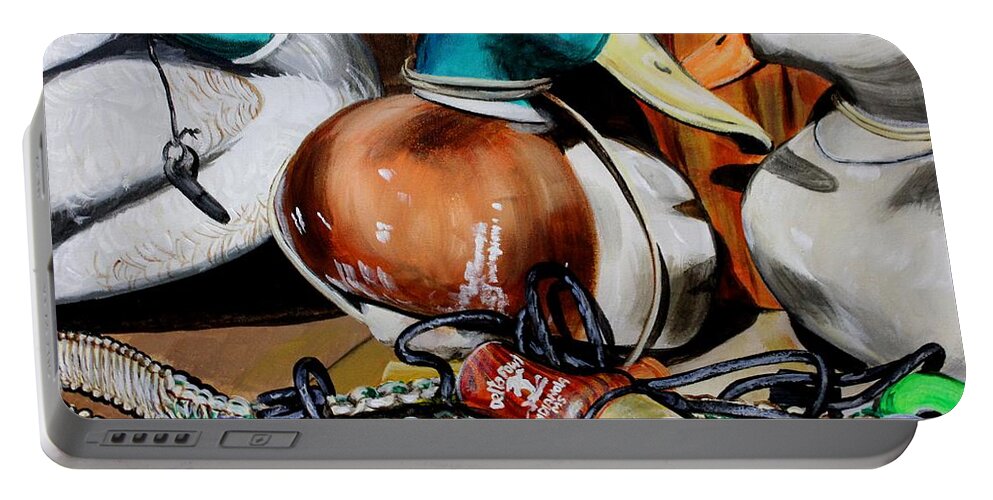 Duck Calls Portable Battery Charger featuring the painting Duck Decoys and Call Still Life by Karl Wagner