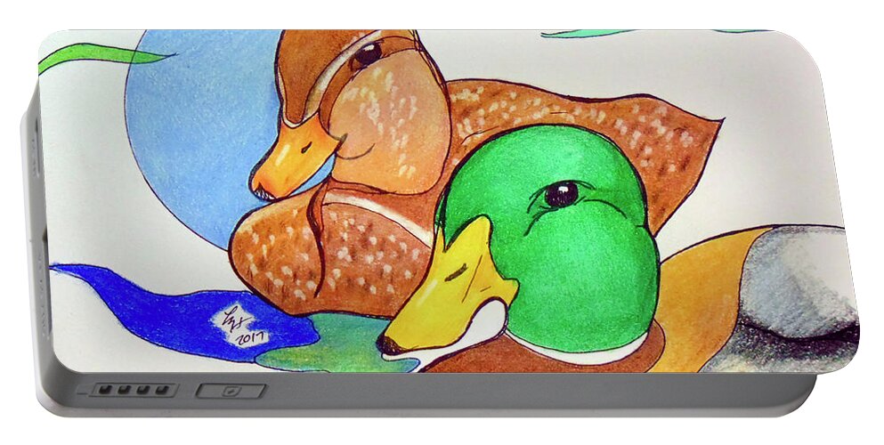 Ducks Portable Battery Charger featuring the drawing Ducks2017 by Loretta Nash