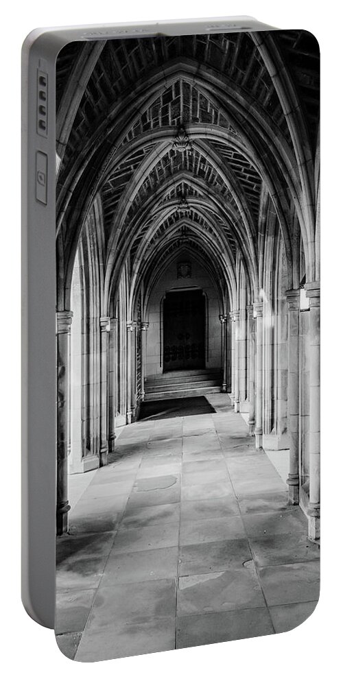 Fall Portable Battery Charger featuring the photograph Duke Chapel Archways in Black and White by Anthony Doudt