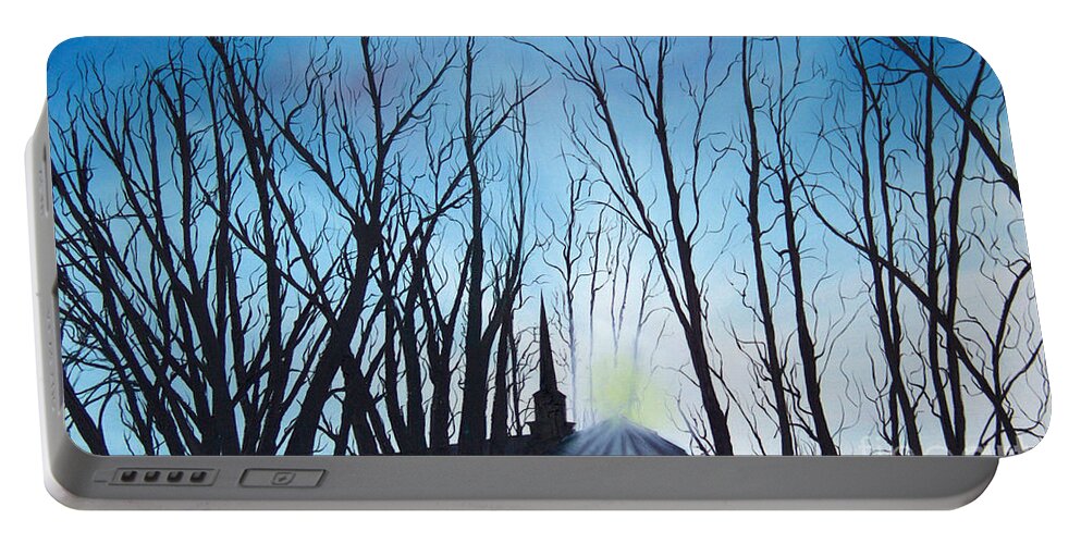 Cool Portable Battery Charger featuring the painting Durfee Street Chapel by Nila Jane Autry