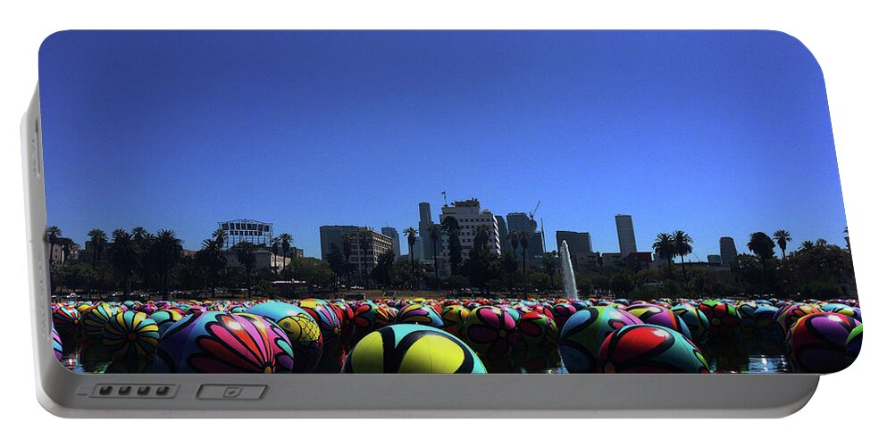Los Angeles Portable Battery Charger featuring the photograph Dusk Finds the Spheres of MacArthur Park by Lorraine Devon Wilke