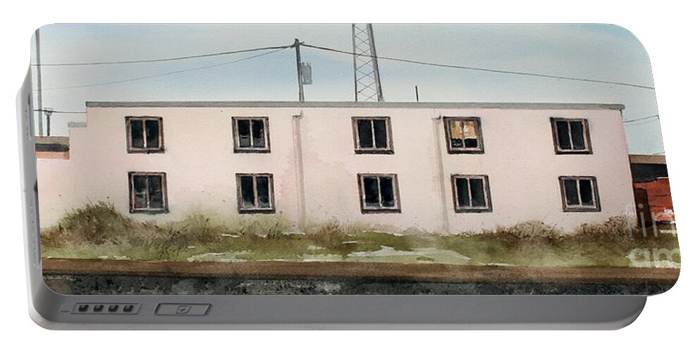 An Old Apartment Building Sets Out On The Edge Of Town Portable Battery Charger featuring the painting Dusk Near The Tracks by Monte Toon