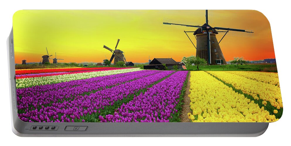 Netherlands Portable Battery Charger featuring the photograph Dutch windmills and Sunset by Anastasy Yarmolovich