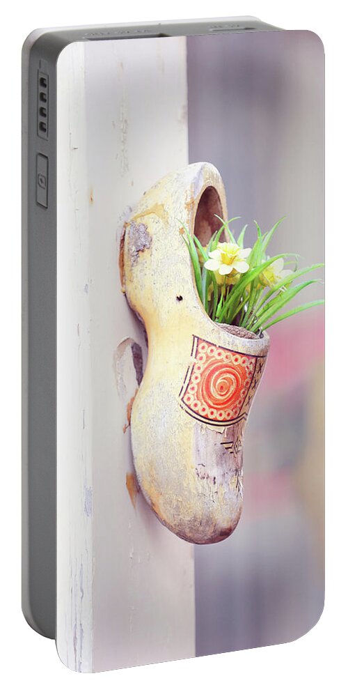 Jenny Rainbow Fine Art Photography Portable Battery Charger featuring the photograph Dutch Wooden Shoe Floral Decor by Jenny Rainbow