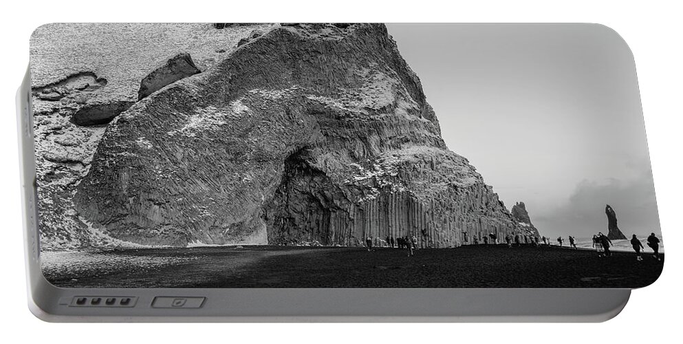 Black White Portable Battery Charger featuring the photograph Reynisfjara beach by Robert Grac