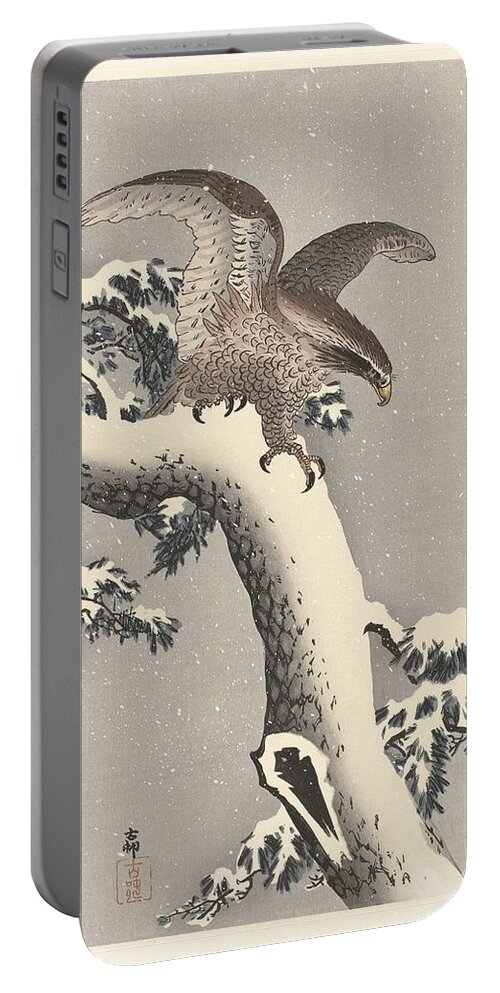 Eagle On Snowy Pine Portable Battery Charger featuring the painting Eagle on snowy pine by Celestial Images