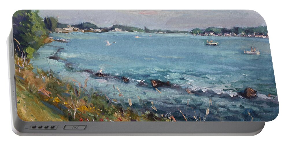 Evening Portable Battery Charger featuring the painting Early Evening at Gratwick Waterfront Park by Ylli Haruni