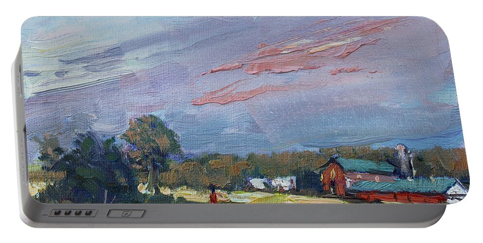  Evening Portable Battery Charger featuring the painting Early Evening at Phil's Farm by Ylli Haruni