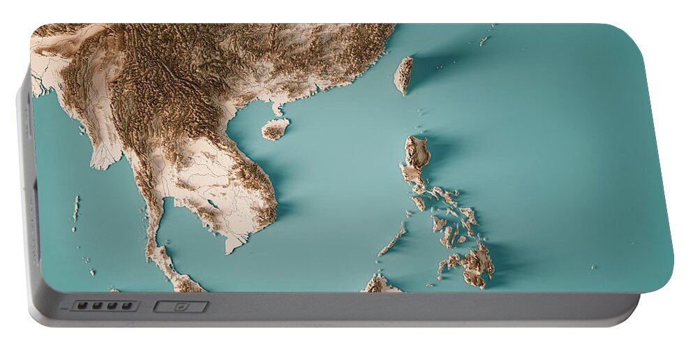 Sea Portable Battery Charger featuring the digital art East Asia 3D Render Topographic Map Neutral by Frank Ramspott