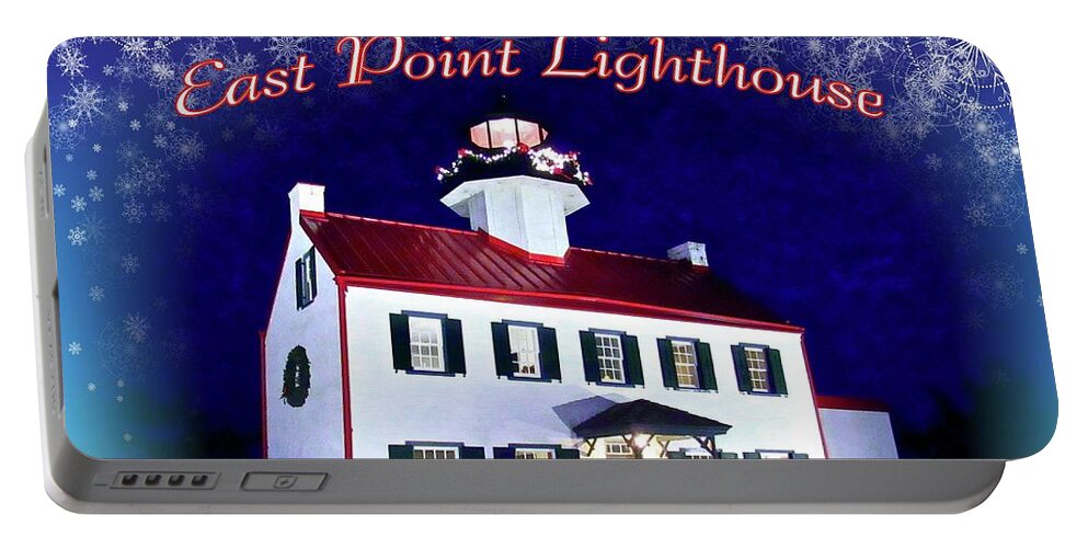 East Point Lighthouse Portable Battery Charger featuring the mixed media East Point Lighthouse Merry Christmas by Nancy Patterson
