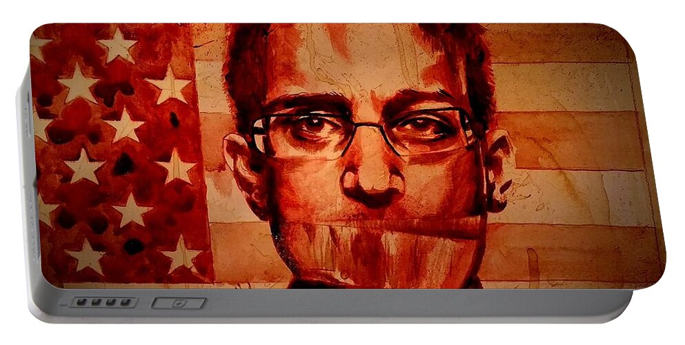 Ryan Almighty Portable Battery Charger featuring the painting EDWARD SNOWDEN portrait fresh blood by Ryan Almighty