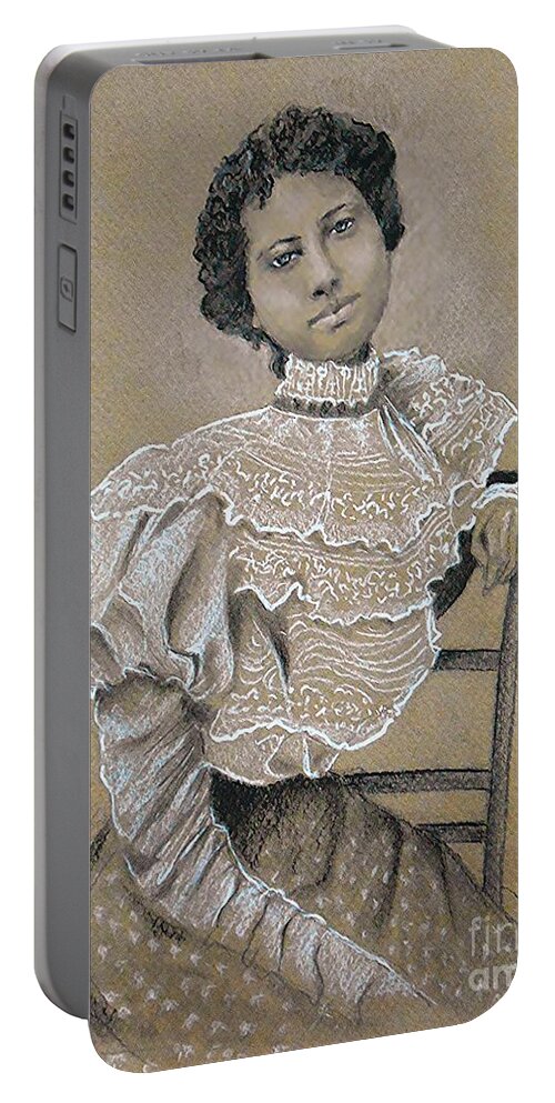 Edwardian Portable Battery Charger featuring the drawing Edwardian Ebony Elegance -- Portrait of Edwardian African-American Woman by Jayne Somogy