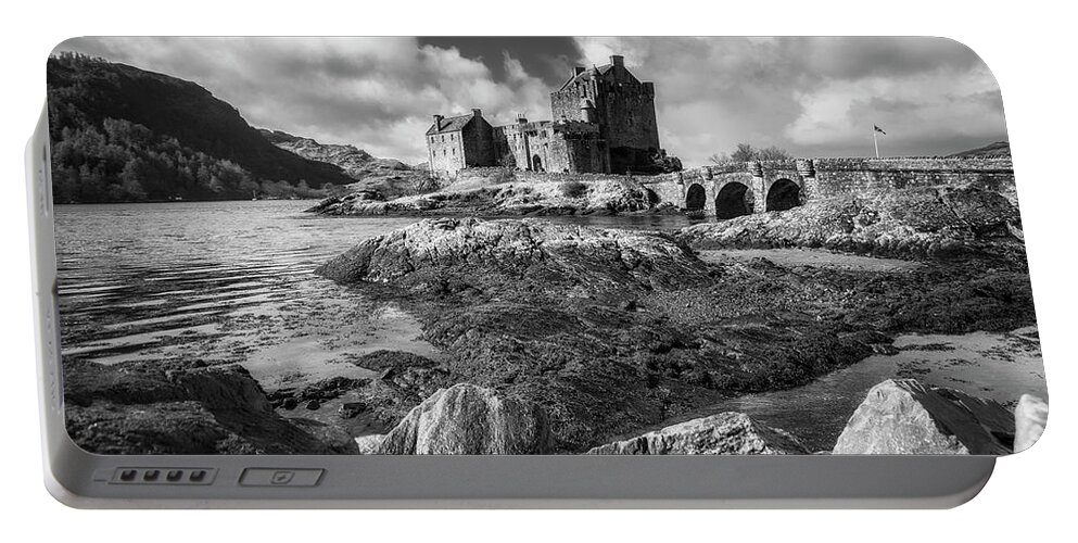 Eilean Donan Portable Battery Charger featuring the photograph Eilean Donan Castle in black and white by Holly Ross