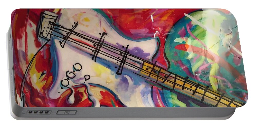 A Very Bold Fun Painting! Sure To Liven Up Any Space. This Piece Has A High Gloss Epoxy Finish. Music #guitar #musuc Guitar Portable Battery Charger featuring the painting Electric Fusion by Heather Roddy