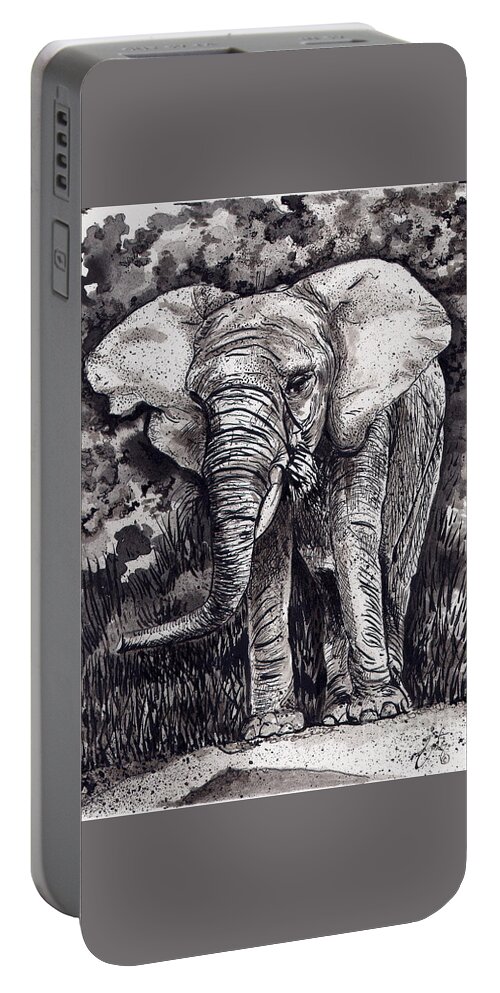 Elephant Drawing Portable Battery Charger featuring the painting Elephant in Grey by Daniela Easter