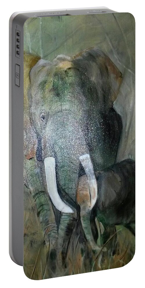 Elephant Portable Battery Charger featuring the painting Elephant With Baby by Janet Easley