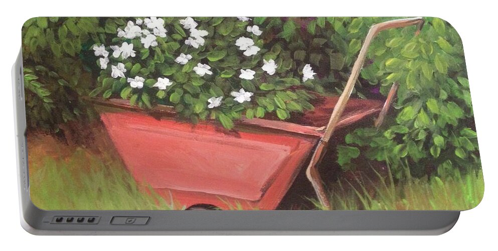 Flowers Portable Battery Charger featuring the painting Eloise's Garden Cart by Jeanette Jarmon