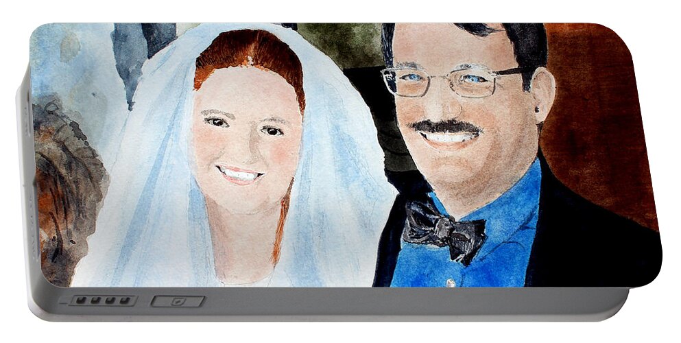 A Bride And Groom On Their Wedding Day. Portable Battery Charger featuring the painting Emily And Jason by Monte Toon