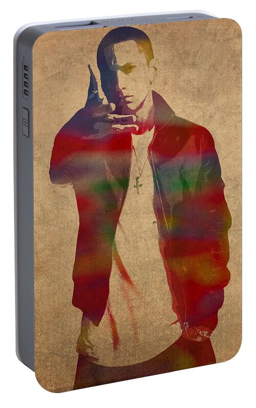 Eminem Portable Battery Charger featuring the mixed media Eminem Watercolor Portrait by Design Turnpike