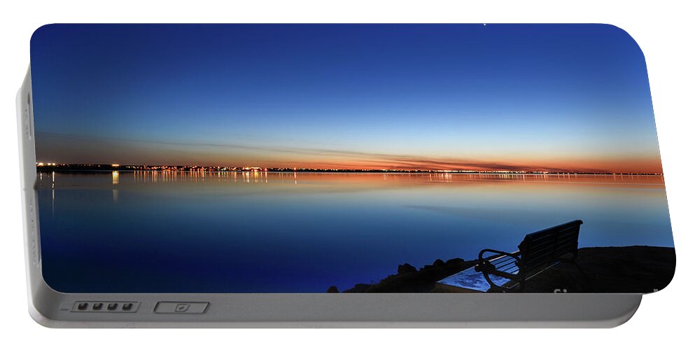 Sunset Portable Battery Charger featuring the photograph Empty seat watching the moon by Paul Quinn