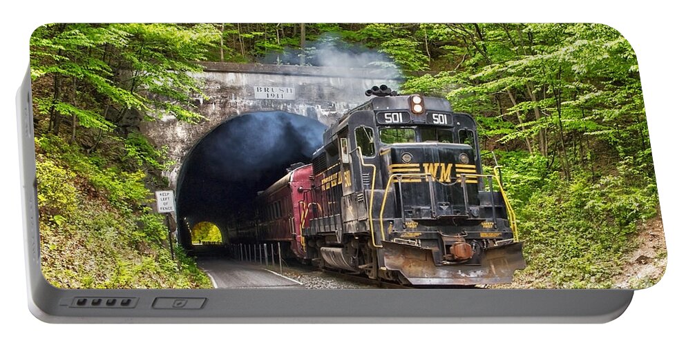 Train Portable Battery Charger featuring the photograph Engine 501 coming through the Brush Tunnel by Jeannette Hunt