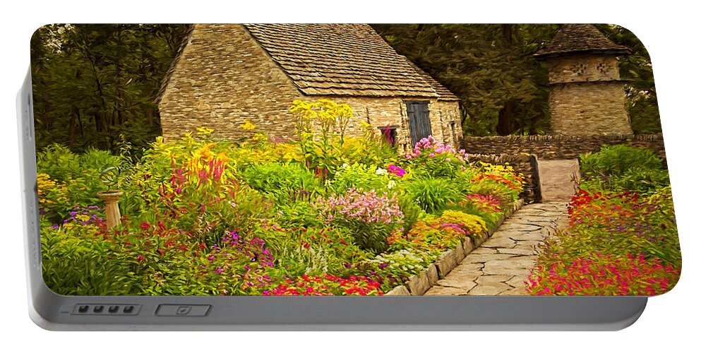 Cotswold Cottage Portable Battery Charger featuring the photograph English Flower Garden by Susan Rissi Tregoning