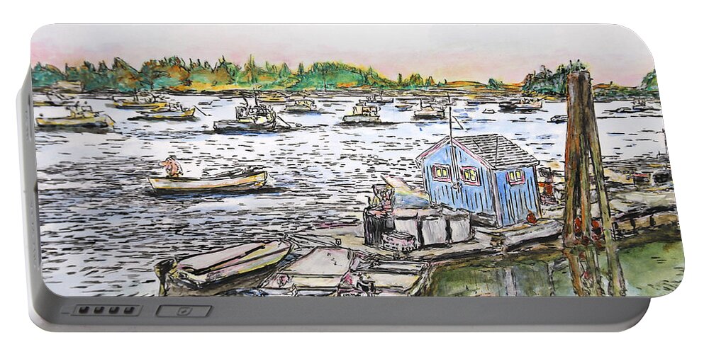 Carver's Harbor Portable Battery Charger featuring the drawing Entering Vinal Haven, Maine by Michele A Loftus