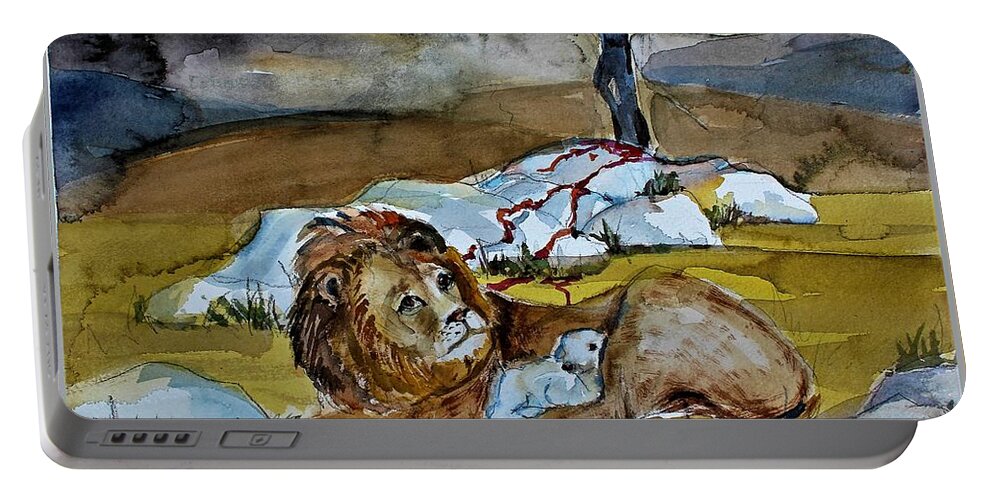 Lion Portable Battery Charger featuring the painting Ephesians 2 13 by Mindy Newman