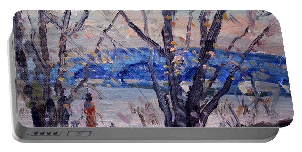 Evening Portable Battery Charger featuring the painting Evening at Great Island Bridge by Ylli Haruni