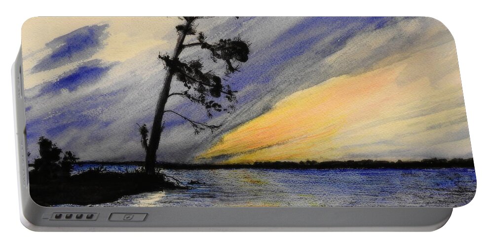 Watercolour And Fineliner Pen Portable Battery Charger featuring the painting Evening at Petrie Island by Betty-Anne McDonald
