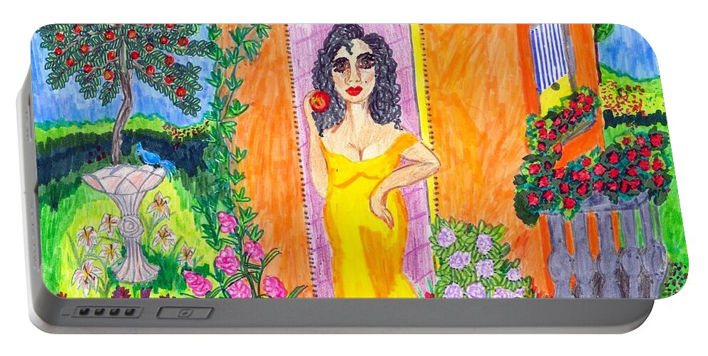 Folk Art Portable Battery Charger featuring the painting Evening at the Girl Cave by Stacey Torres