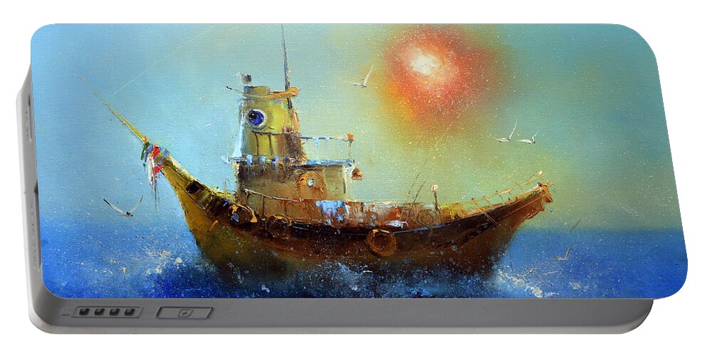 Russian Artists New Wave Portable Battery Charger featuring the painting Evening Boat by Igor Medvedev