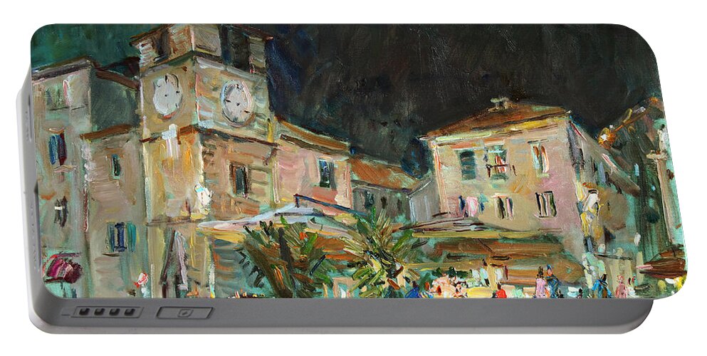Kotor Portable Battery Charger featuring the painting Evening in the Old Town by Juliya Zhukova