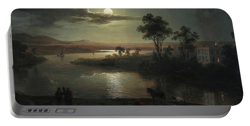 Abraham Pether Portable Battery Charger featuring the painting Evening scene with full moon and persons by Abraham Pether