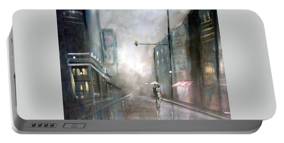 Art Portable Battery Charger featuring the painting Evening Walk in the Rain by Raymond Doward