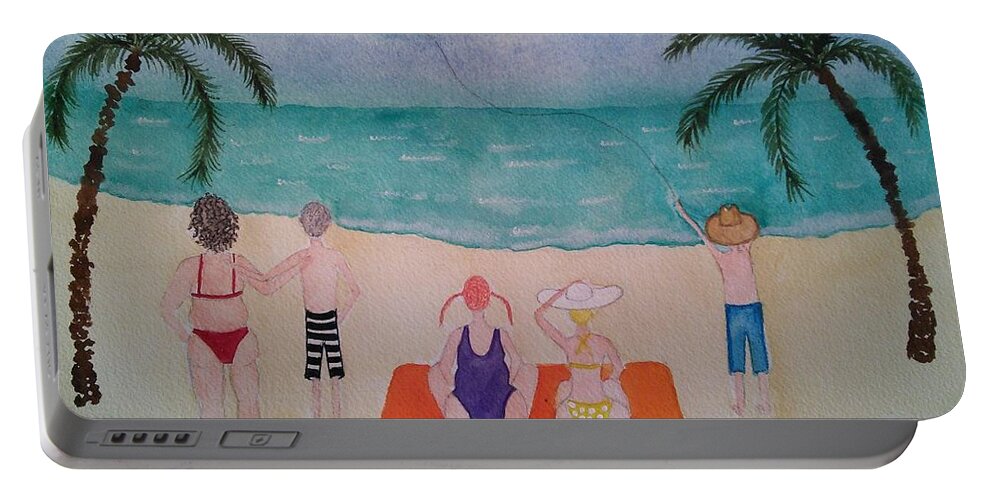  Whimsical Beach Scene Portable Battery Charger featuring the painting Every Body Loves the Beach by Susan Nielsen