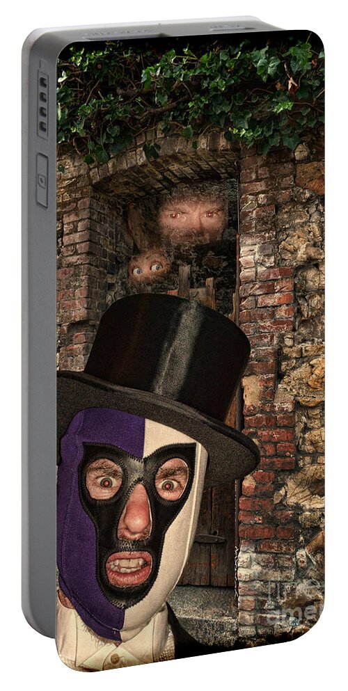Evil Portable Battery Charger featuring the digital art Evil Pro Wrestling Manager The Masked Conjuror by Jim Fitzpatrick